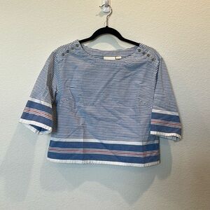 Anthropologie Maeve Red White and Blue Striped Boatneck Shirt with Button Detail